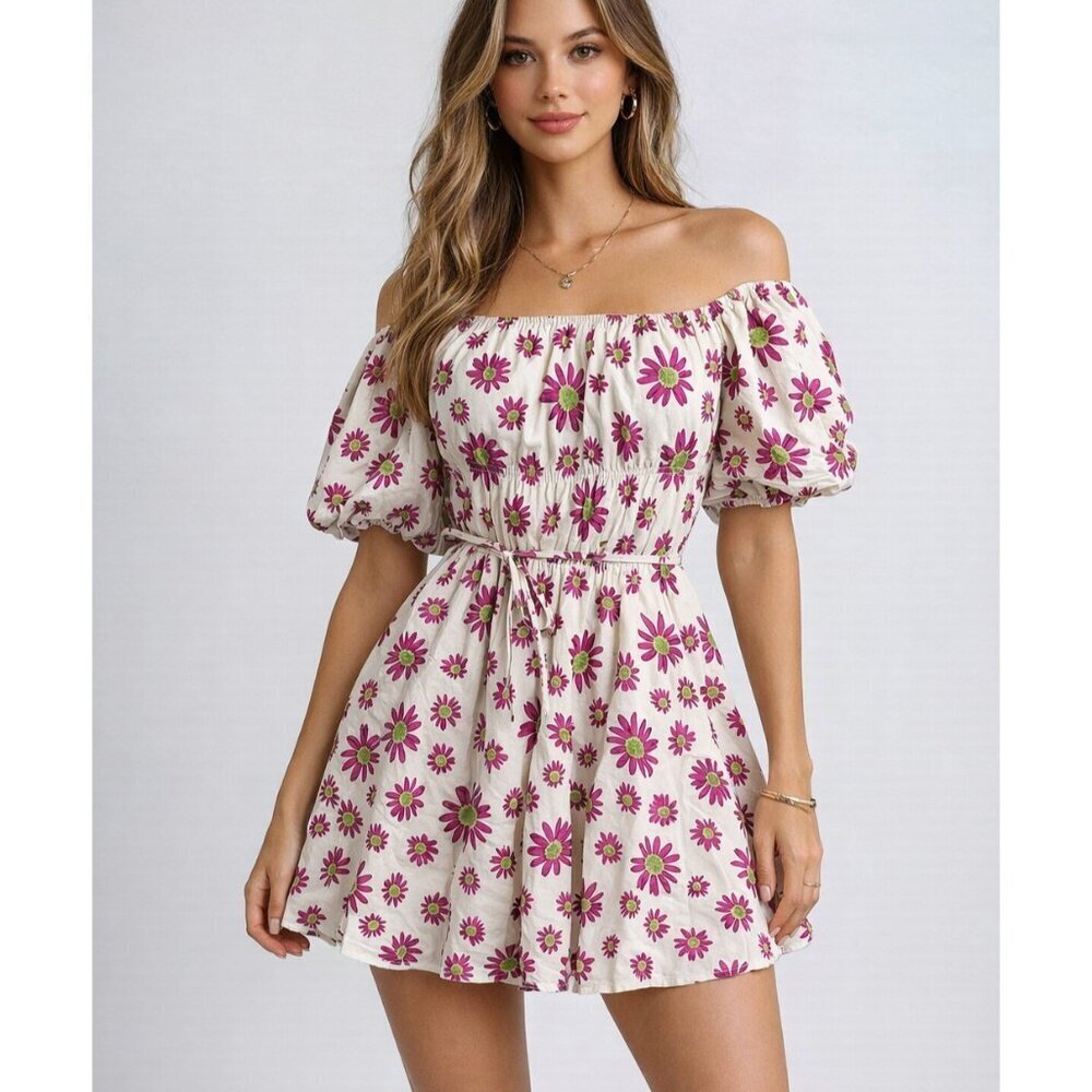 Talulah Purple Floral Off Shoulder Puff Sleeve Baby Doll Mini Dress - Medium